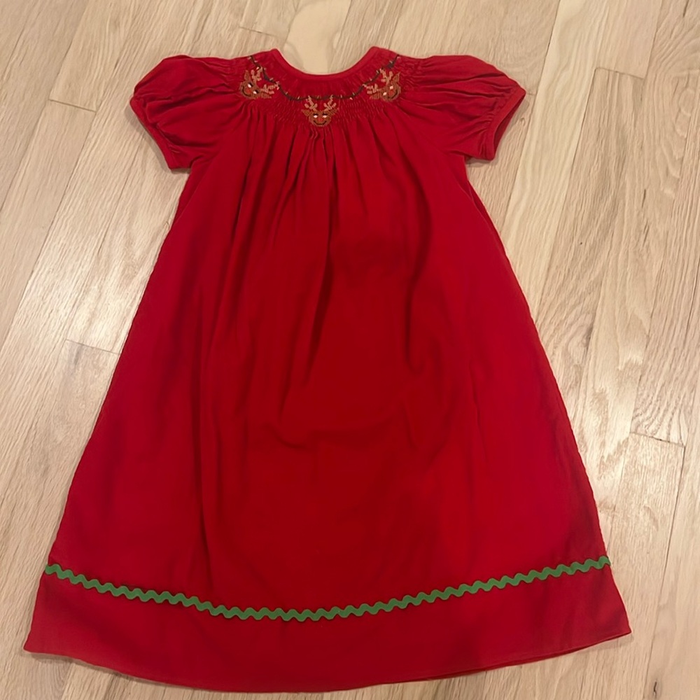 Smocked red corduroy Christmas dress with reindeers, 3T